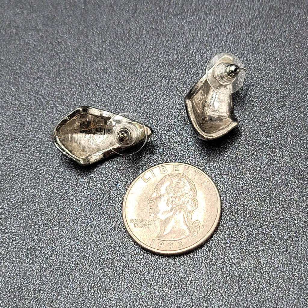 Vintage Pierced Earrings Black Enamel Drop Silver tone 1"