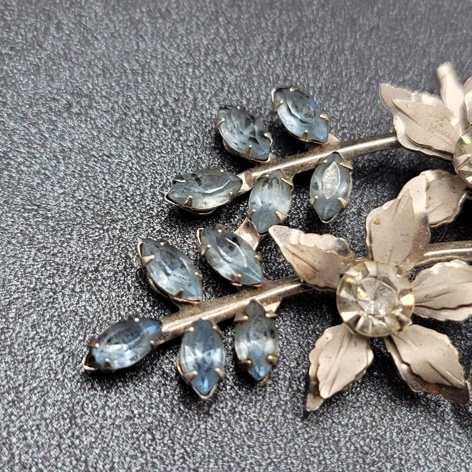 Vintage Brooch Blue Rhinestone Silver tone Pendant 2.25" Estate Jewelry