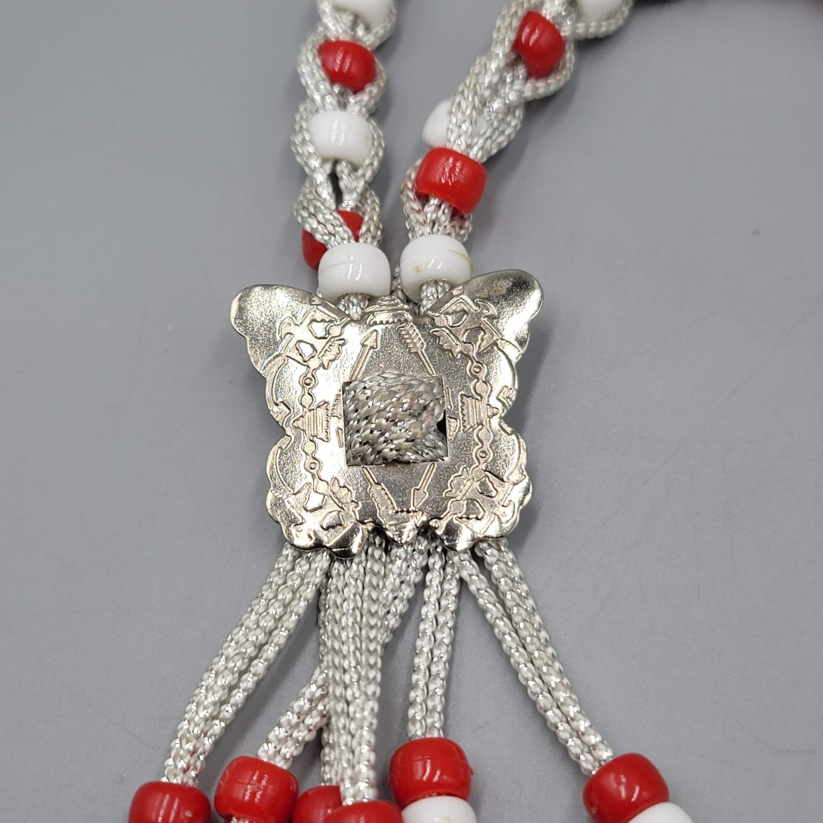 Vintage Braided Beaded Necklace Silver Cord Tassel 28" Statement Jewelry Retro