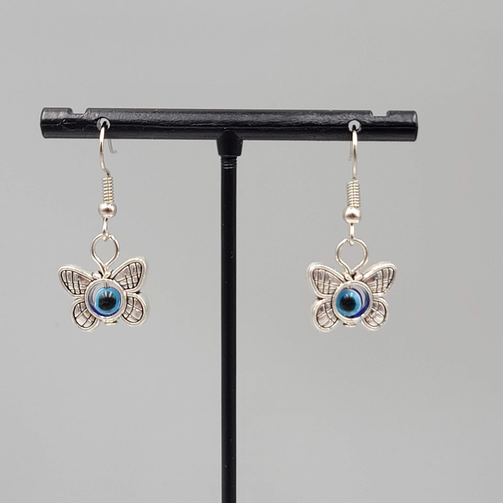 Butterfly Evil Eye Pierced Earrings Silver tone Blue Bead Dangle 5/8"