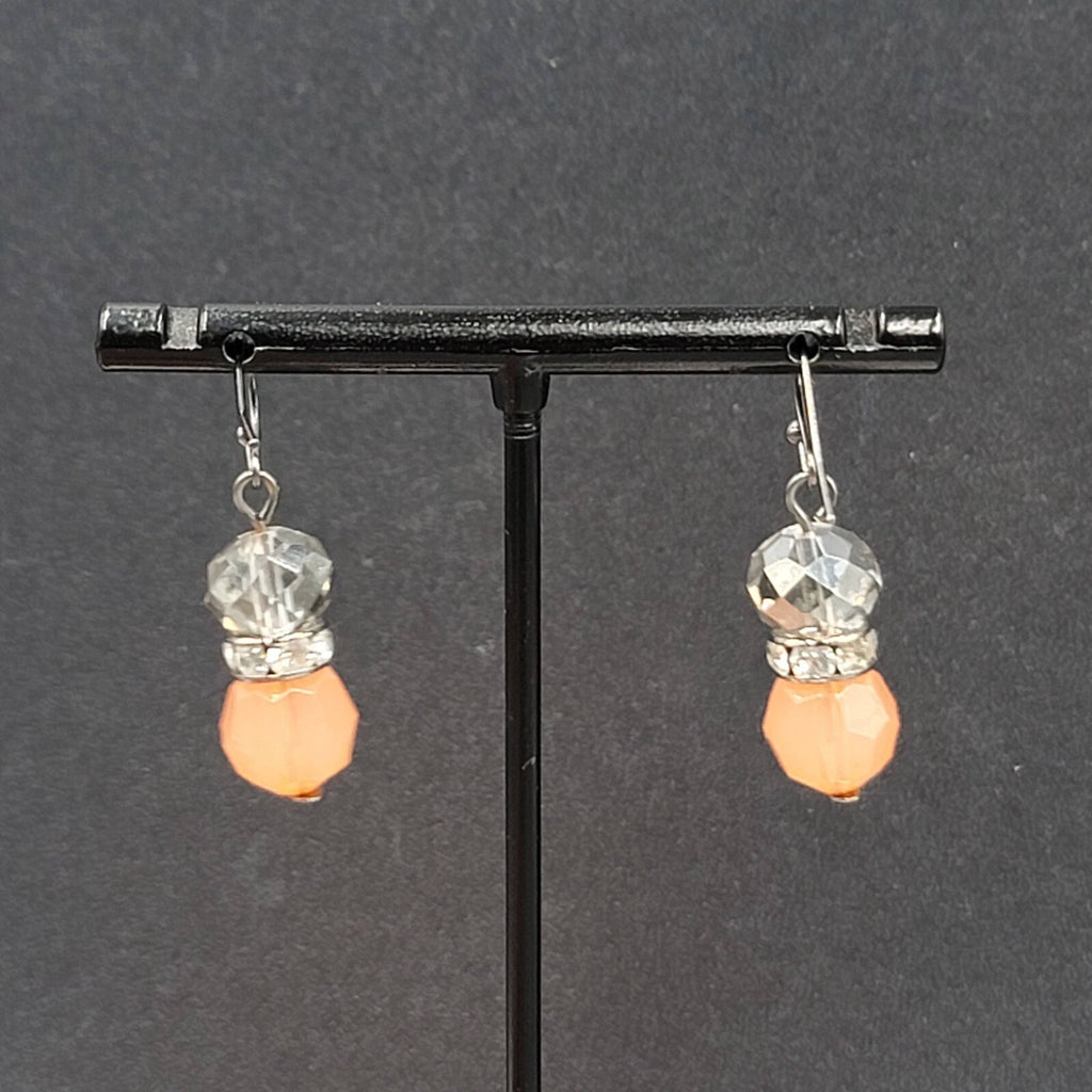 Pierced Earrings Black Metal Peach Clear Crystal Faceted Beads Dangle 1"
