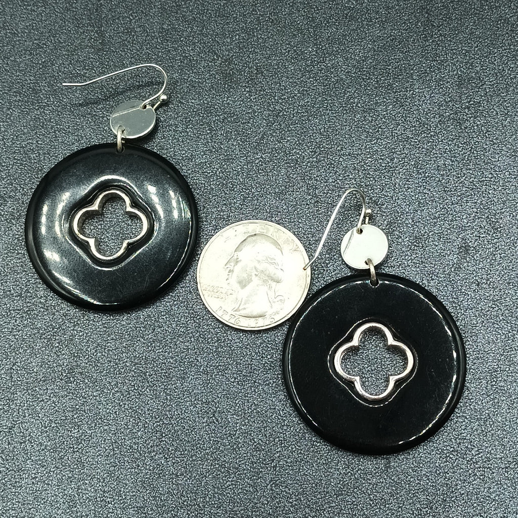 Pierced Earrings Silver tone Black Acrylic Circle Statement Dangle 2"
