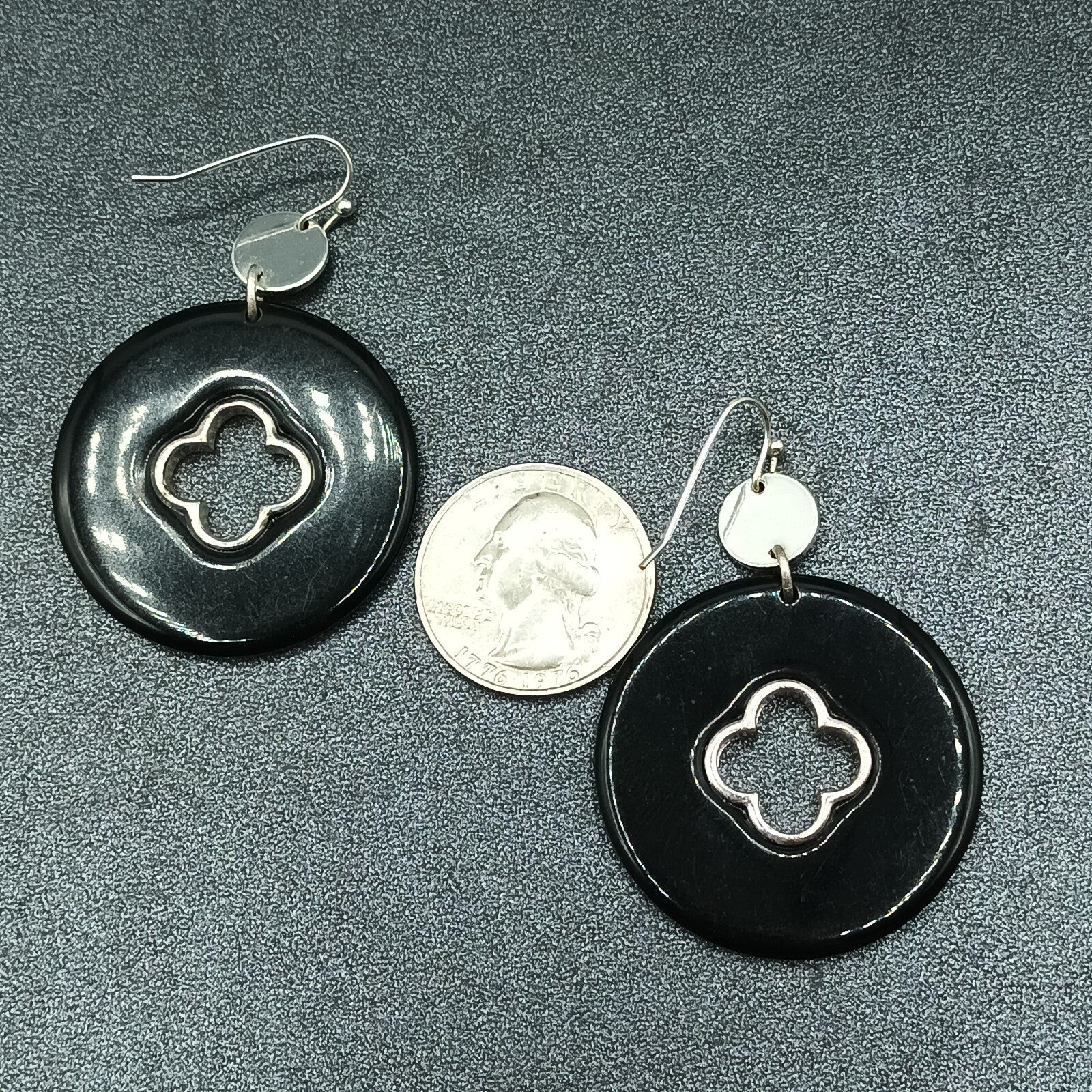 Pierced Earrings Silver tone Black Acrylic Circle Statement Dangle 2"