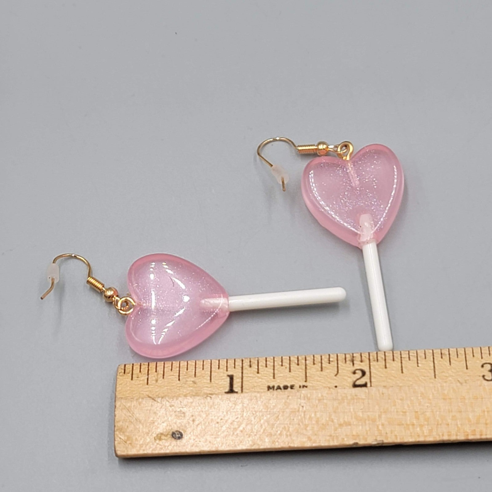 Heart Lollipop Dangle Pierced Earrings Resin Gold Hook Candy 1.75"