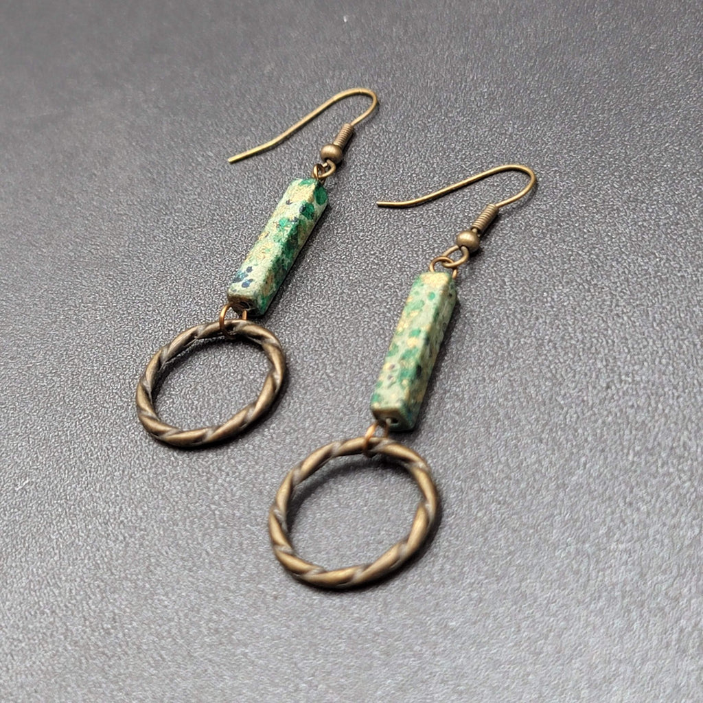 Pierced Earrings Bronze tone Green Stone Dangle 2"
