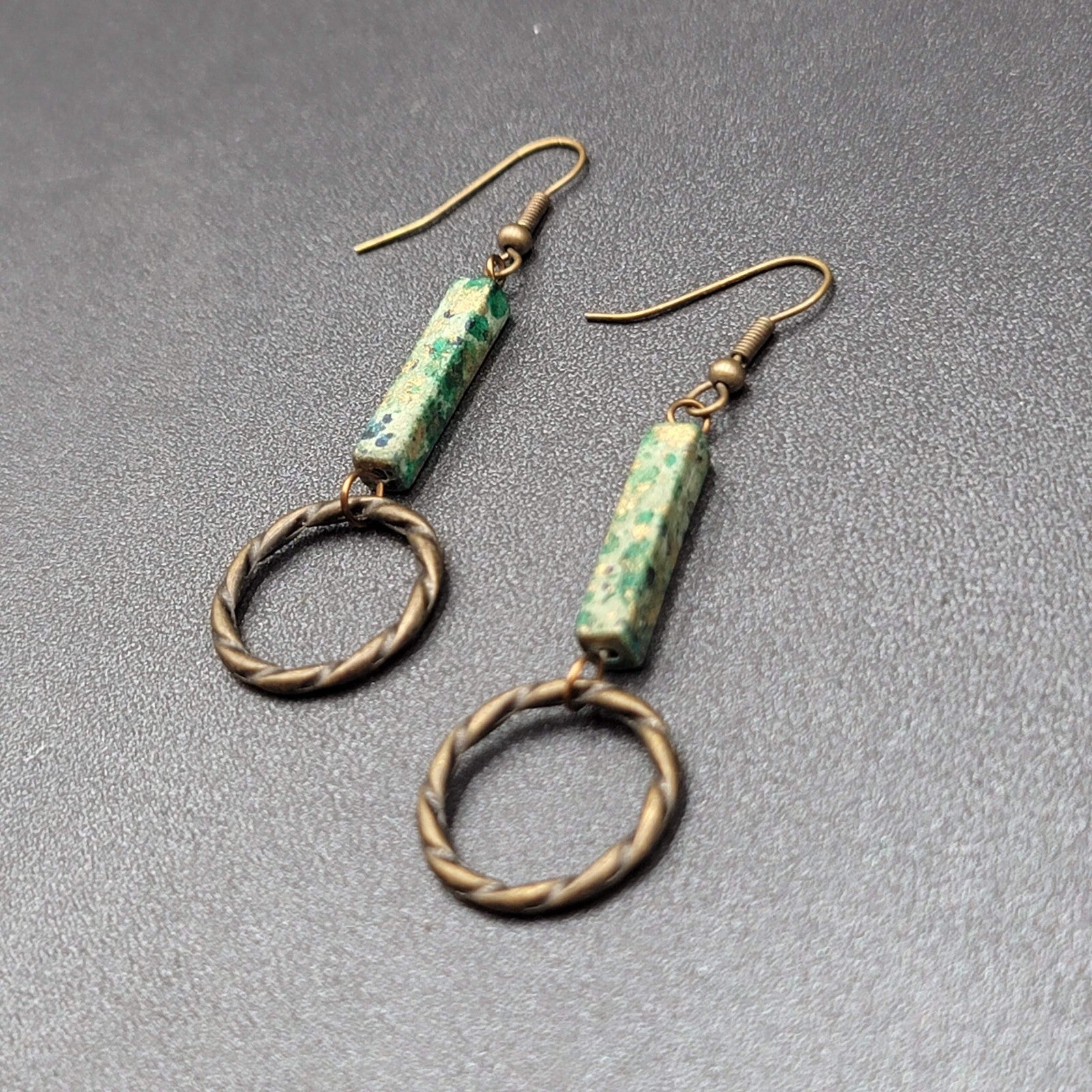 Pierced Earrings Bronze tone Green Stone Dangle 2"