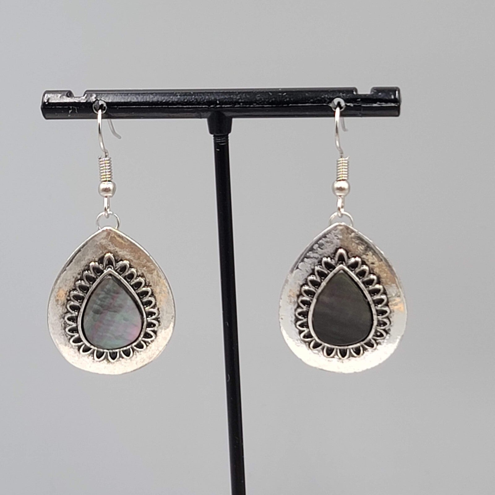 Abalone Pierced Earrings Silver tone Teardrop Dangle 1 1/8"