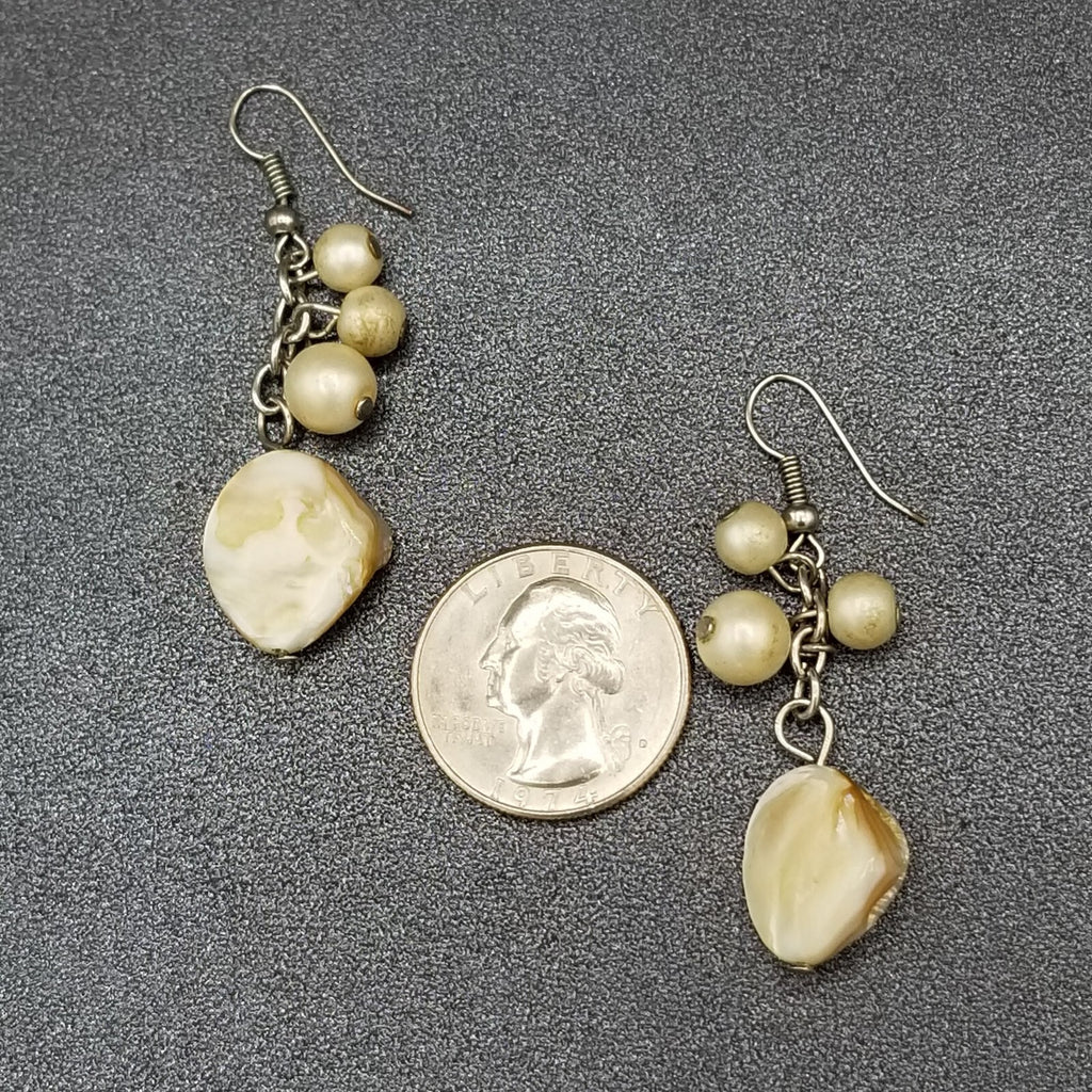 Pierced Earrings Silver tone White Shell Bead Dangle Beach Theme 1.5"