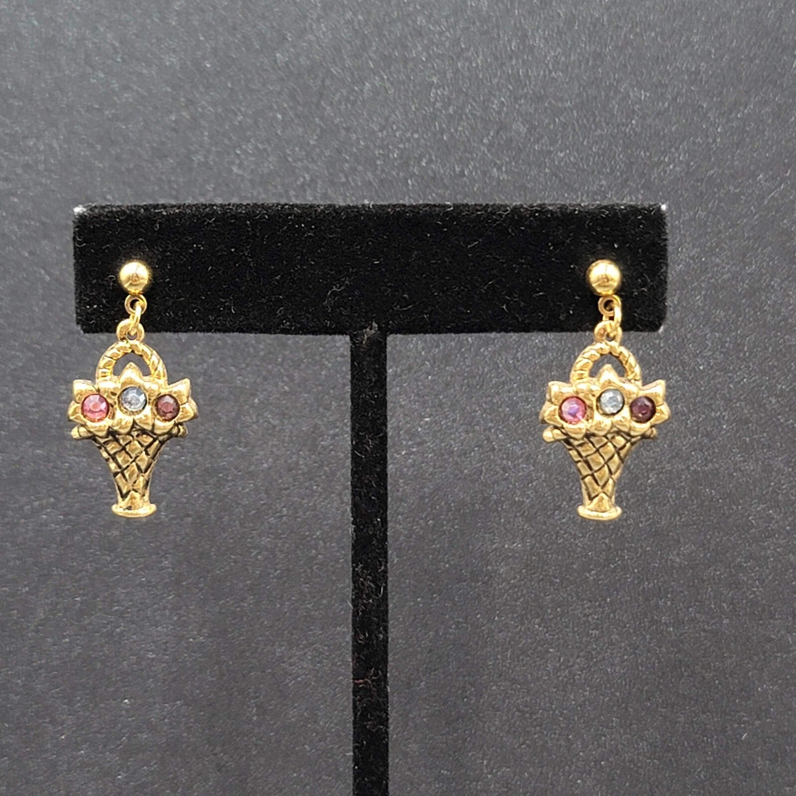 Vintage Pierced Earrings Gold tone Flower Basket Multicolor Rhinestone 7/8"