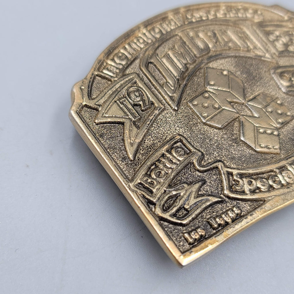 Vintage Jim Beam Belt Buckle Mens Brass Tone 1985 Las Vegas Convention DICE