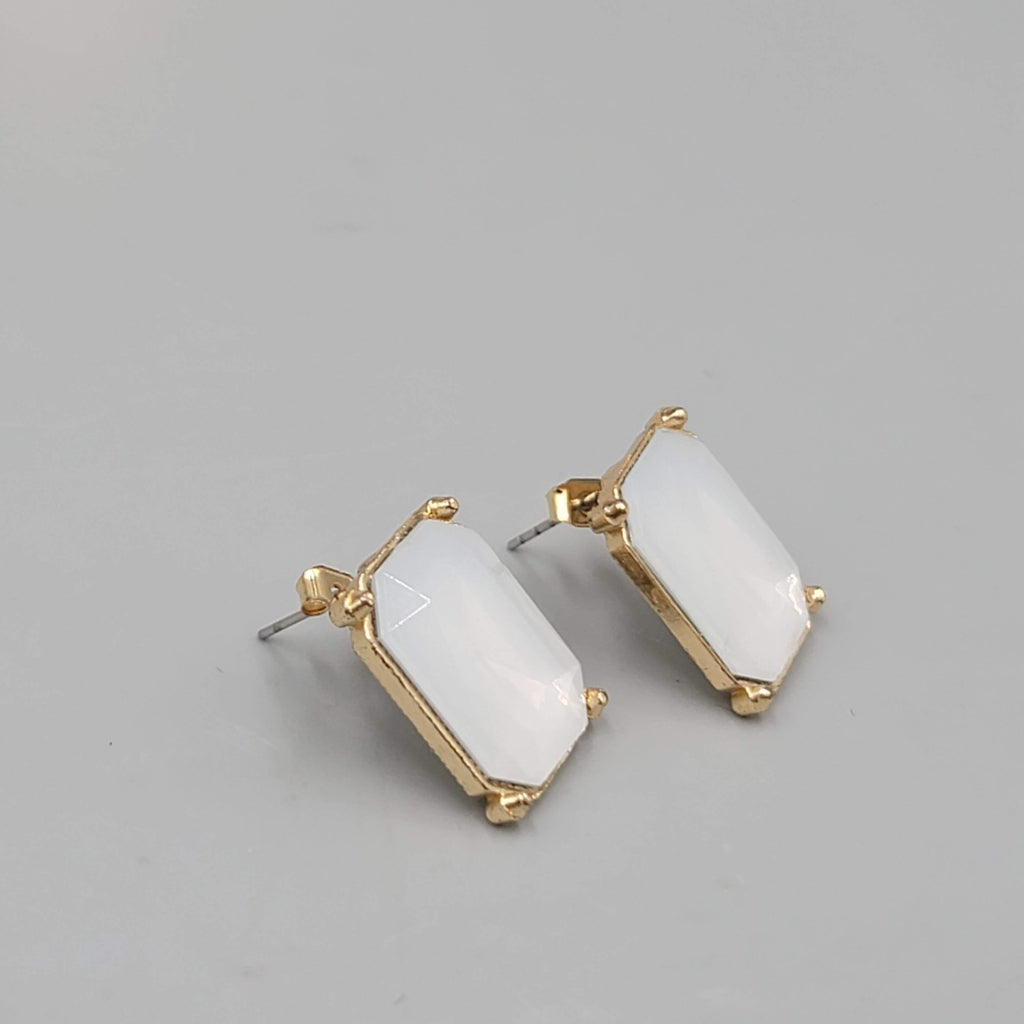 Opaque White Rectangle Pierced Earrings Gold tone Drop 3/4"