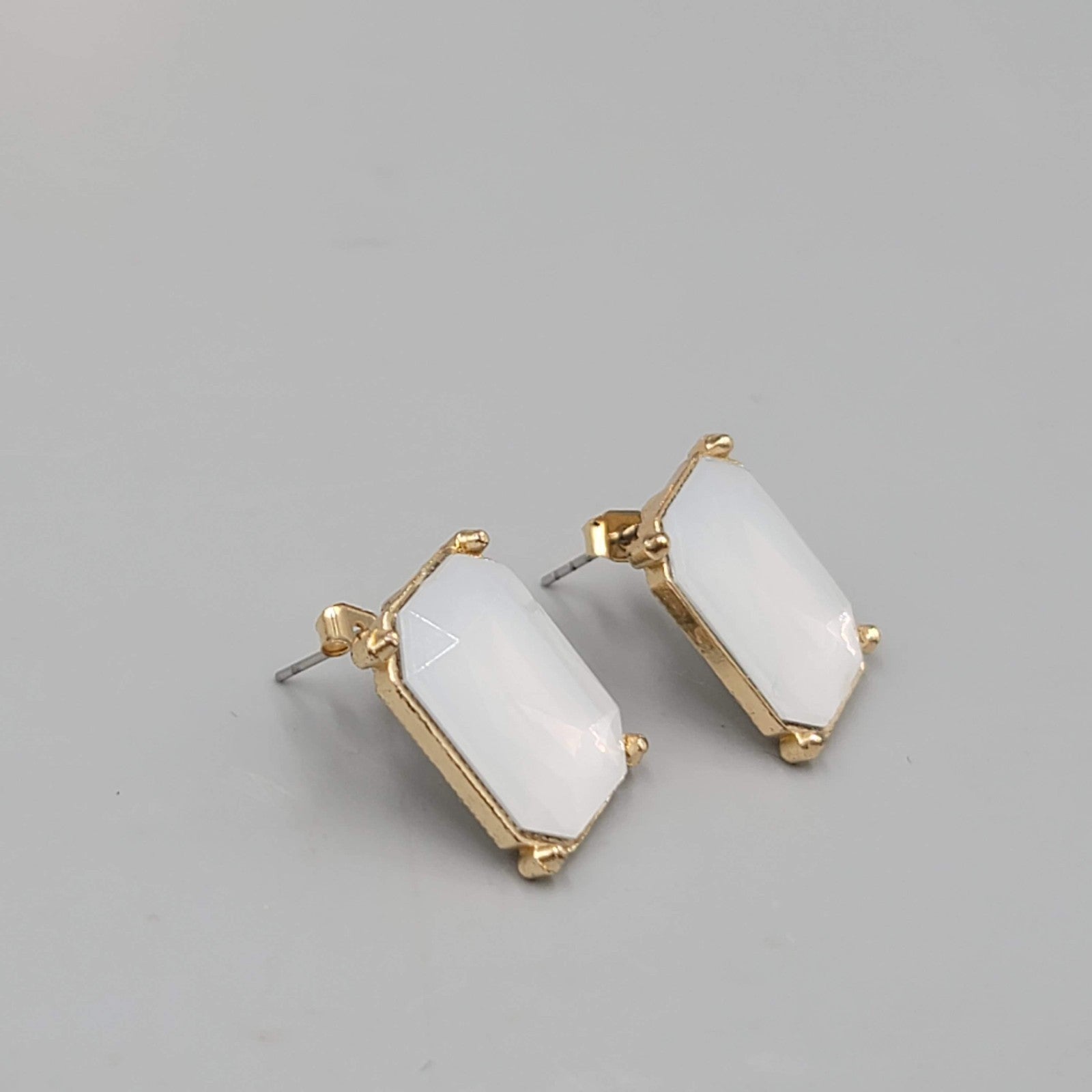 Opaque White Rectangle Pierced Earrings Gold tone Drop 3/4"