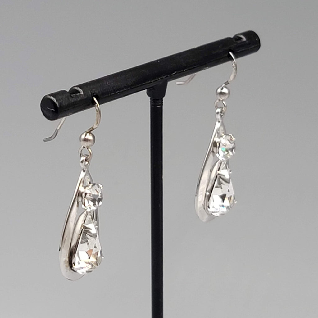 Dangle Crystal Pierced Earrings Silver tone Teardrop Sterling Hooks 1 1/8"