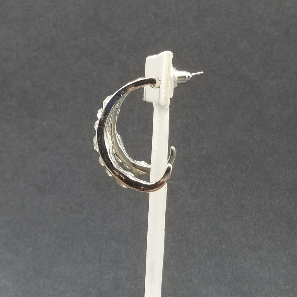 Pierced Earrings Silver tone Faceted Crystal Half Hoop Drop 1 1/4"