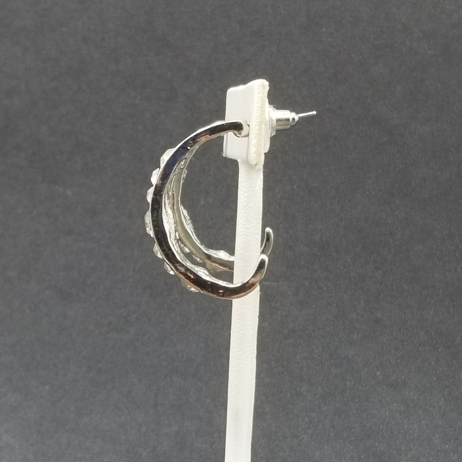 Pierced Earrings Silver tone Faceted Crystal Half Hoop Drop 1 1/4"