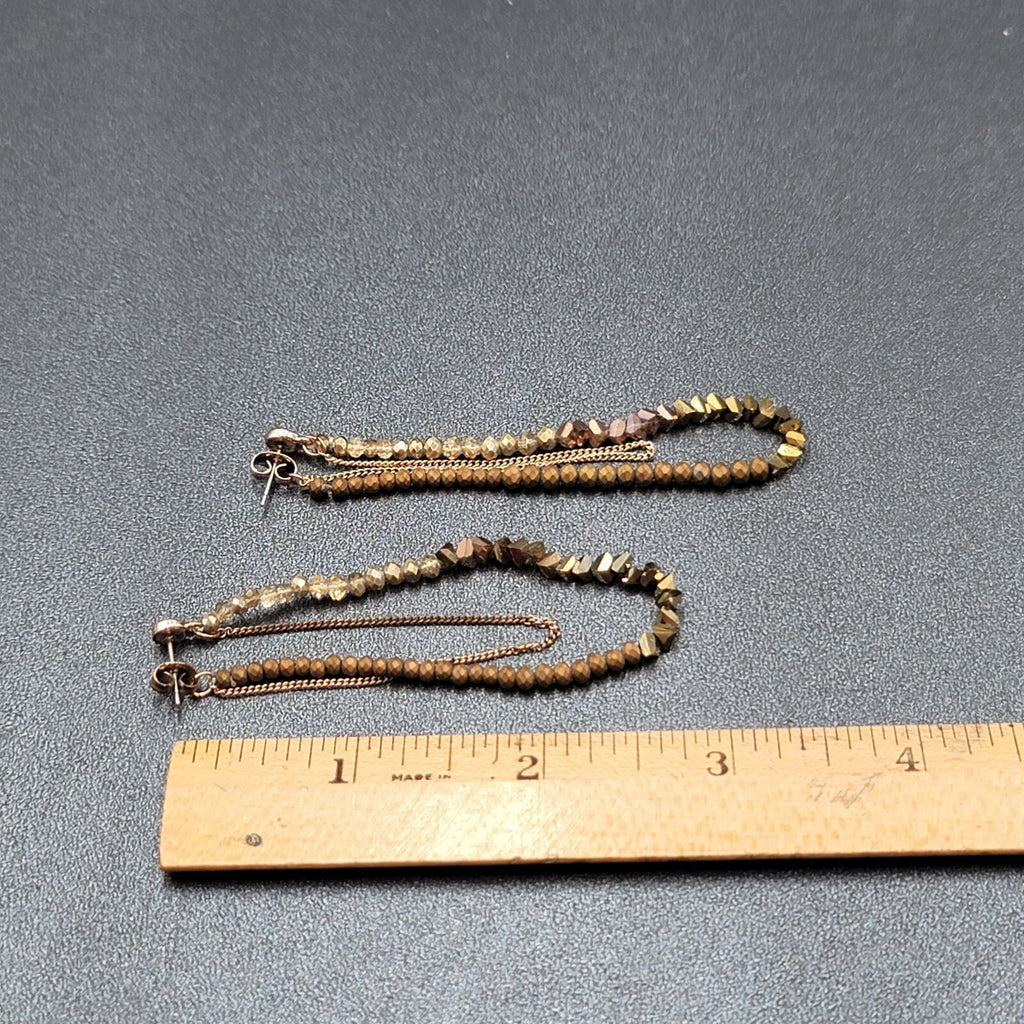 Pierced Earrings Gold tone Small Faceted Beads Dangle Loop To Back 3.25"