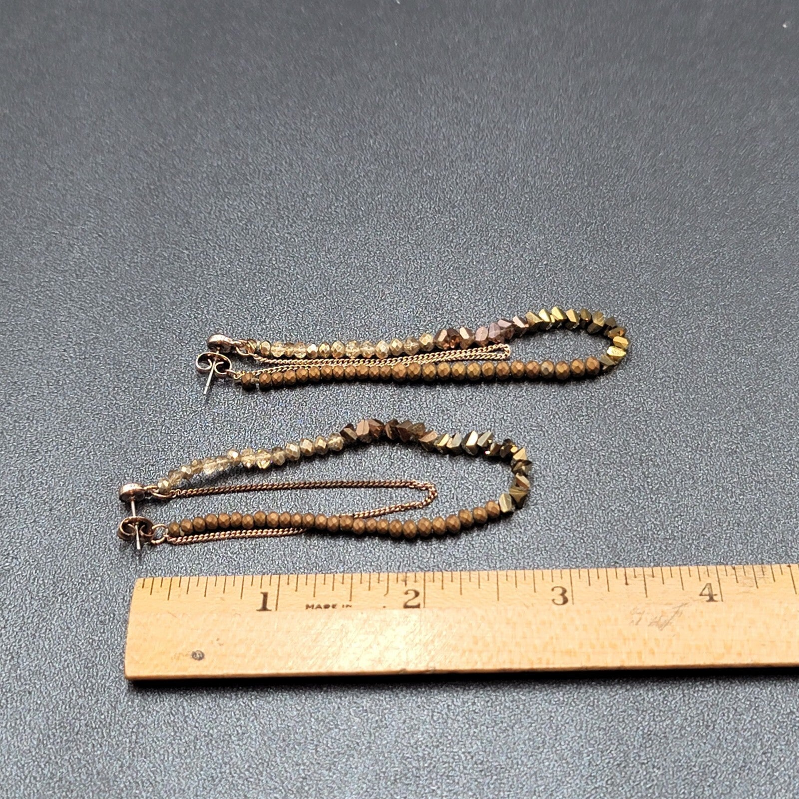 Pierced Earrings Gold tone Small Faceted Beads Dangle Loop To Back 3.25"