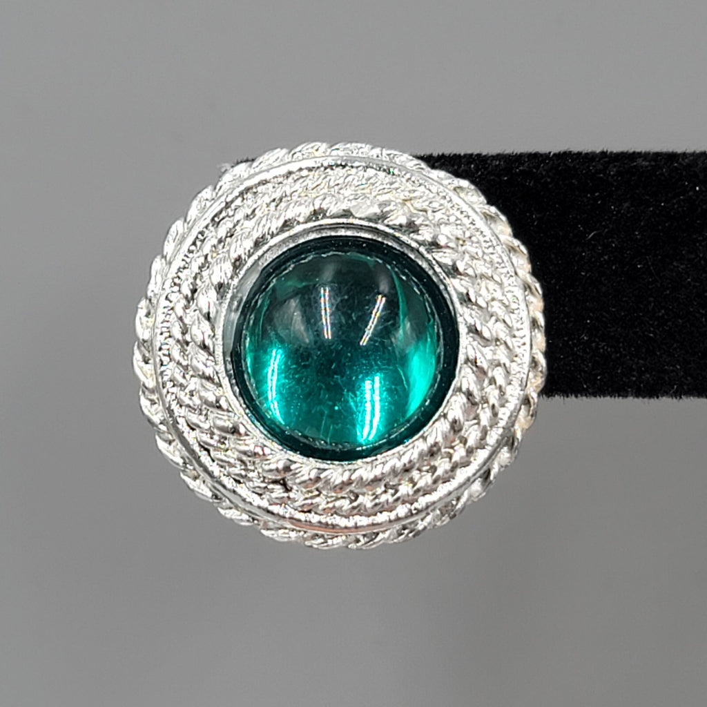 Vintage Pierced Earrings Silver tone Green Moon glow Cabochon 7/8"
