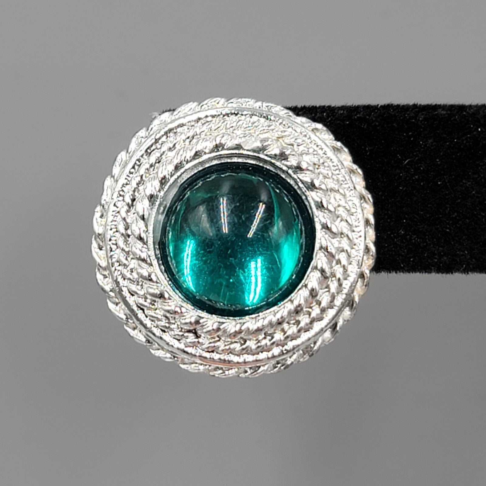 Vintage Pierced Earrings Silver tone Green Moon glow Cabochon 7/8"