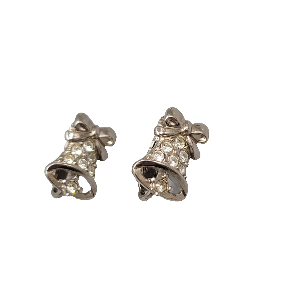 Vintage Rhinestone Christmas Bell Studs Clip on Earrings Silver tone 5/8"