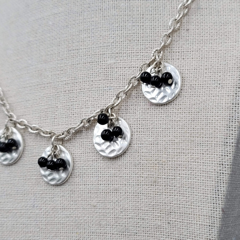 Black Bead Necklace Silver tone Hammered Discs Chain 16"-18"