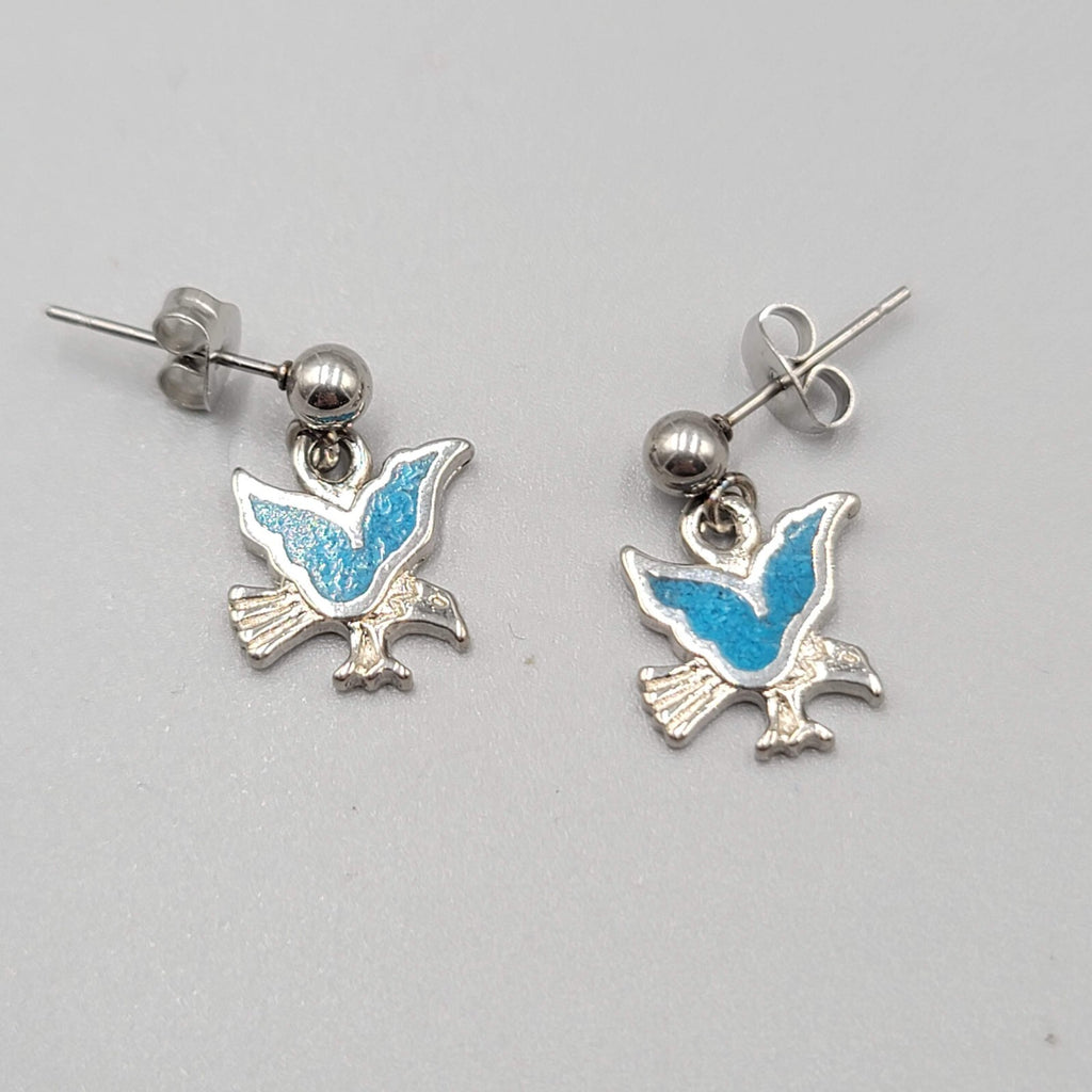 Vintage Eagle Pierced Earrings Turquoise Chip Inlay Silver tone Dangle 3/4"