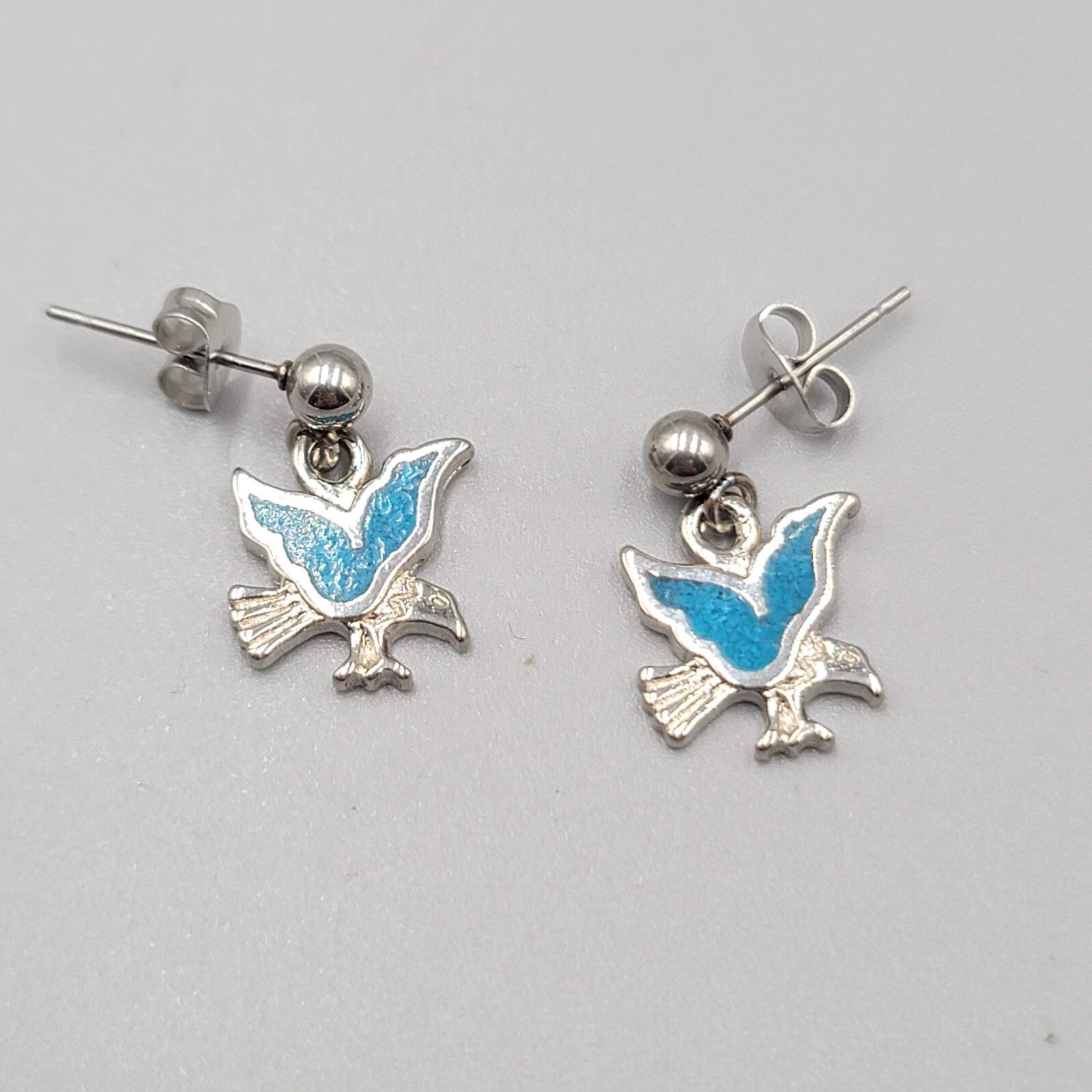 Vintage Eagle Pierced Earrings Turquoise Chip Inlay Silver tone Dangle 3/4"
