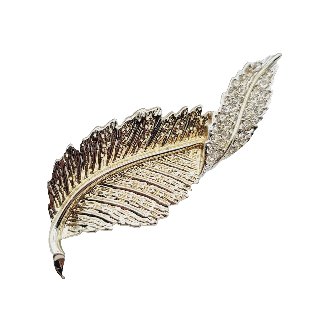 Vintage Sarah Cov Feather Rhinestone Brooch Light Gold tone 3 in
