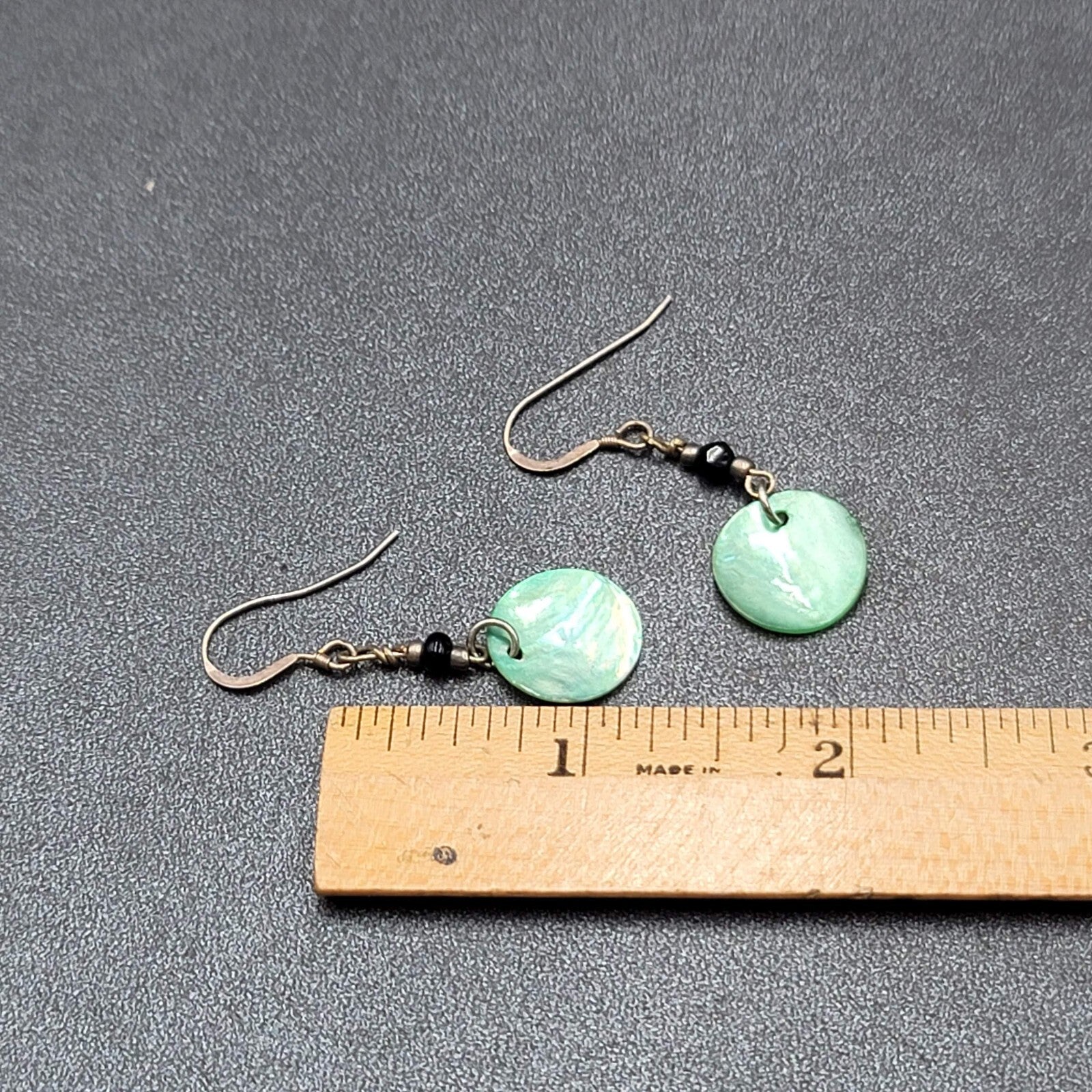 Pierced Earrings Sterling Silver Hooks Green Shell Dangle 1.25"