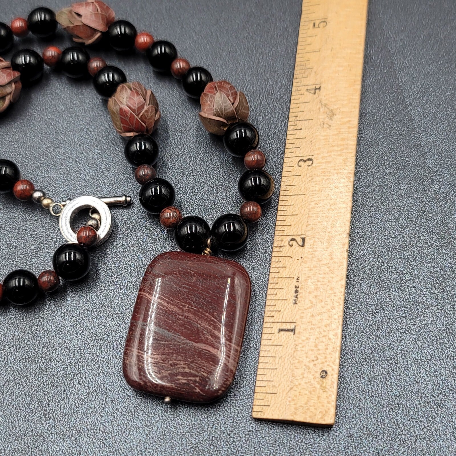 Brown Stone Pendant Necklace Black Glass Beads Toggle 18" Hand Carved Beads