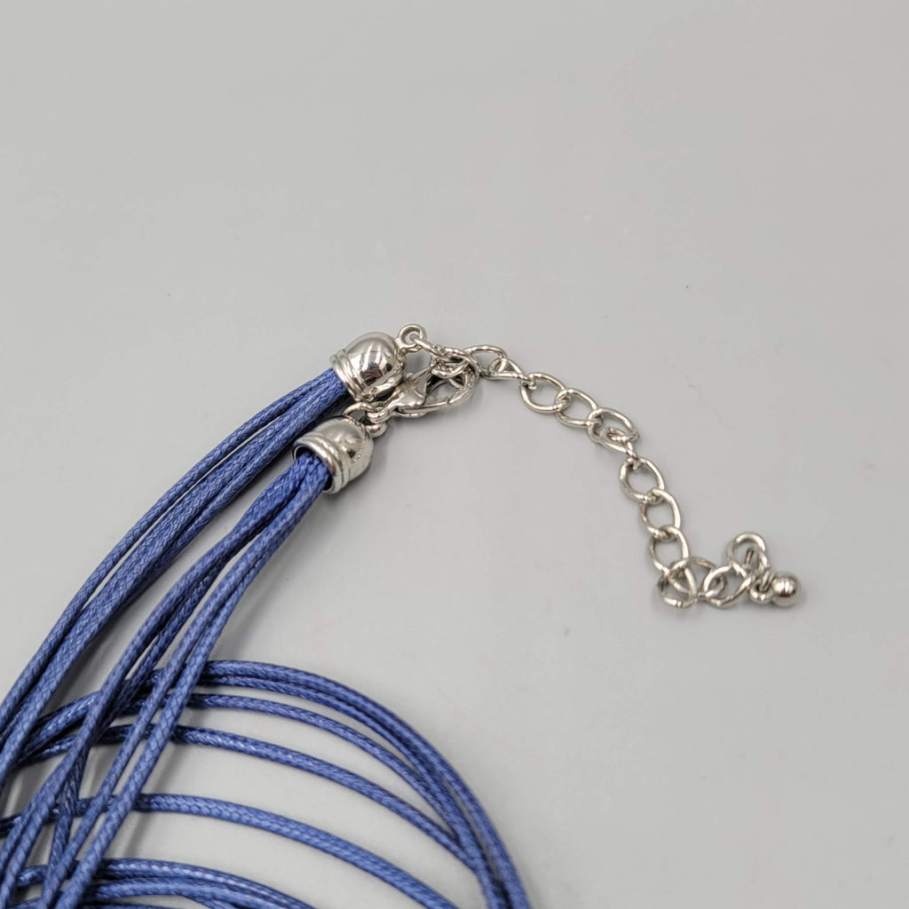 Long Necklace Blue Cord Silver tone Rhinestones 28"