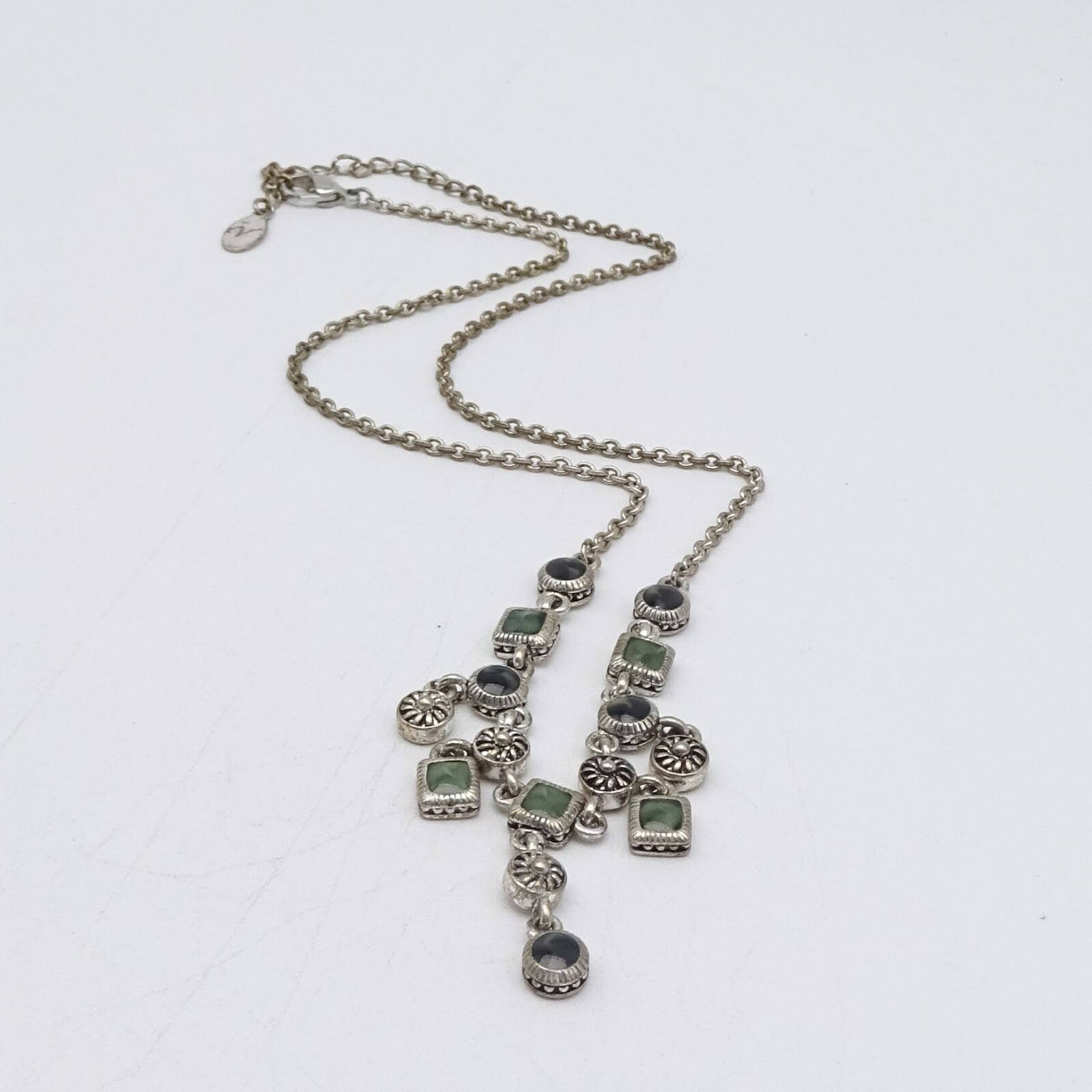 Necklace Silver tone Green Black Acrylic Dangle Signed Well Made 16" - 18”