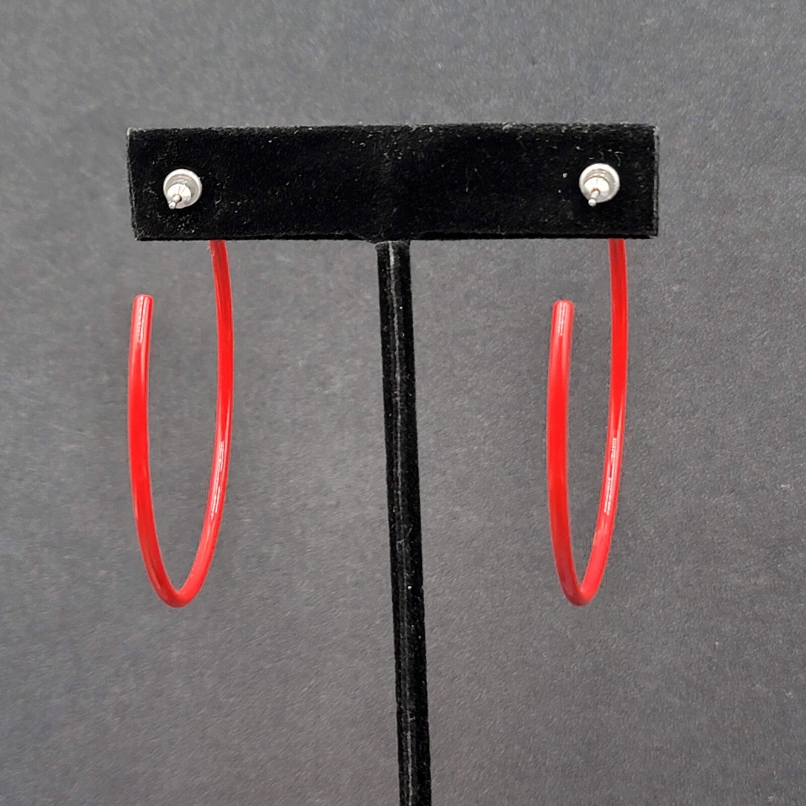 Pierced Earrings Red Enamel over Metal Large Skinny Hoops 2"