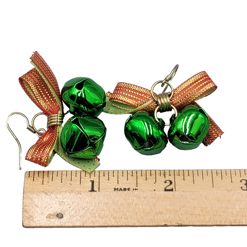Christmas Jingle Bells Ribbon Pierced Earrings Gold tone Dangle 1 in