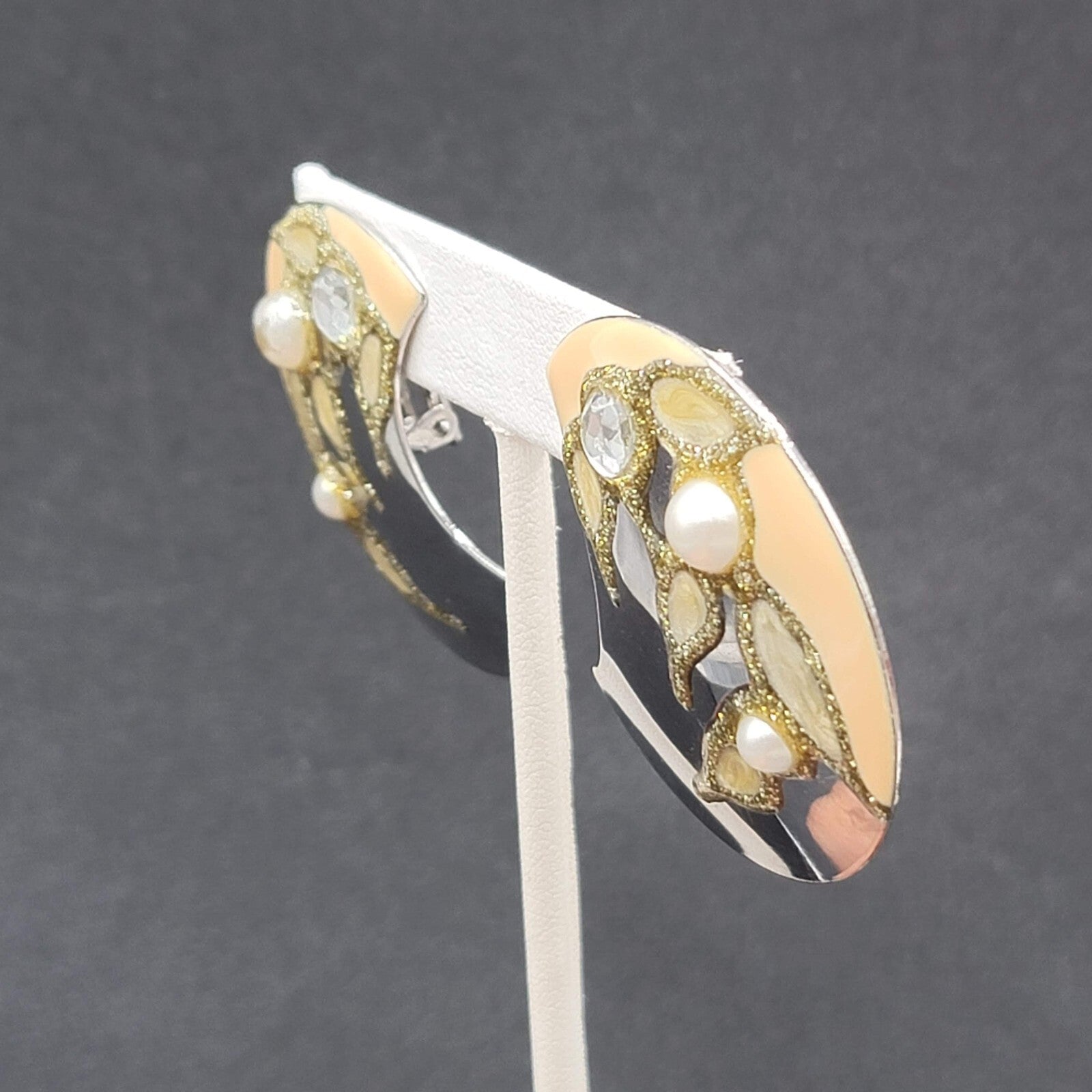 Vintage Clip on Earrings Silver tone Large Statement Enamel Glitter 1.75"