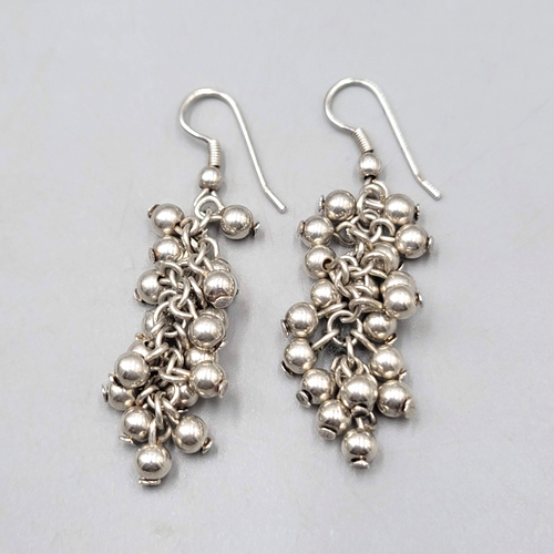 Cluster Bead Pierced Earrings Silver tone Dangle 1.25 in