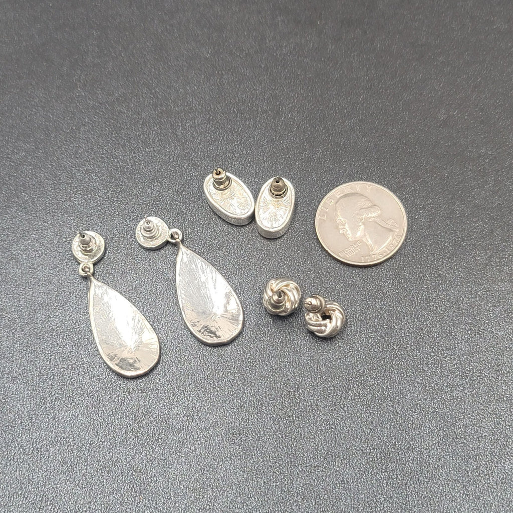 Lot of 3 Pierced Earrings Silver tone Pink Cats Eye Black Enamel Dangle Studs