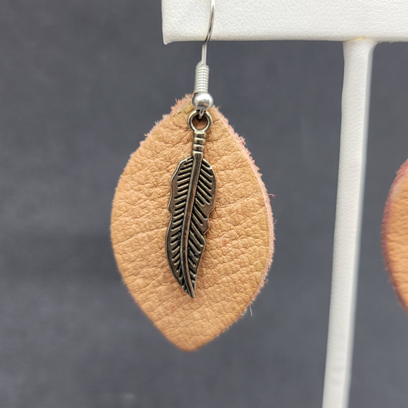 Bohemian Leather Teardrop Dangle Pierced Earrings 1.75" Metal Feather