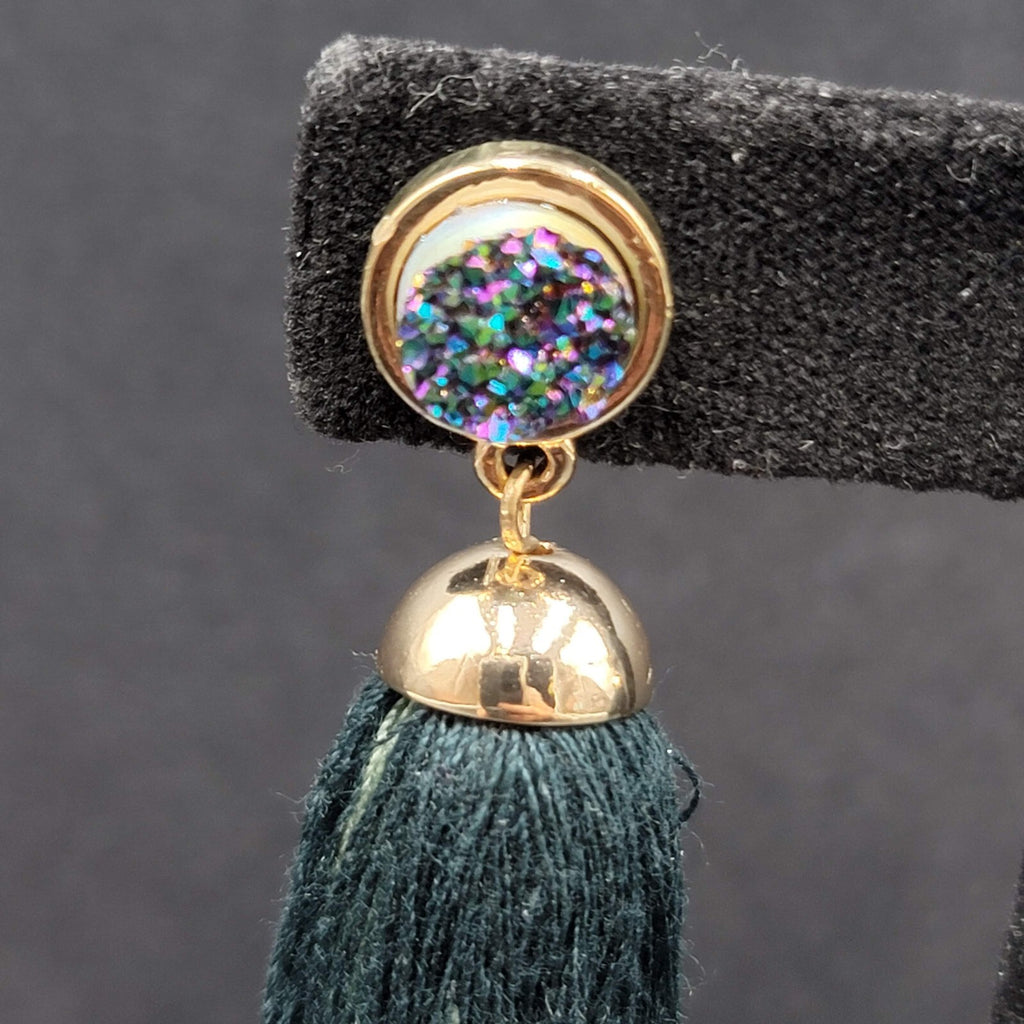 Pierced Earrings Gold tone Green Tassel Faux Druzy Dangle 2.25"
