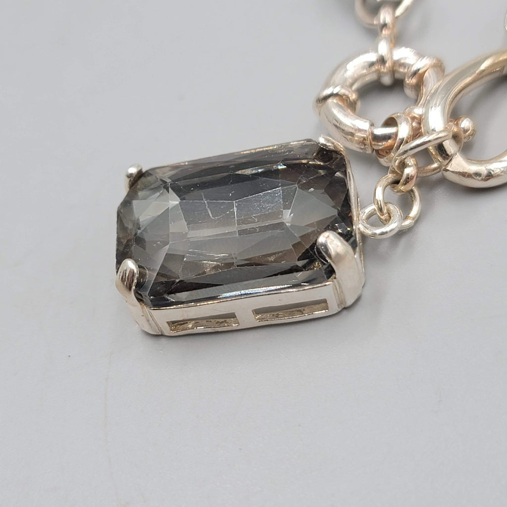Smokey Gray Glass Dangle Bracelet Silver tone 7"