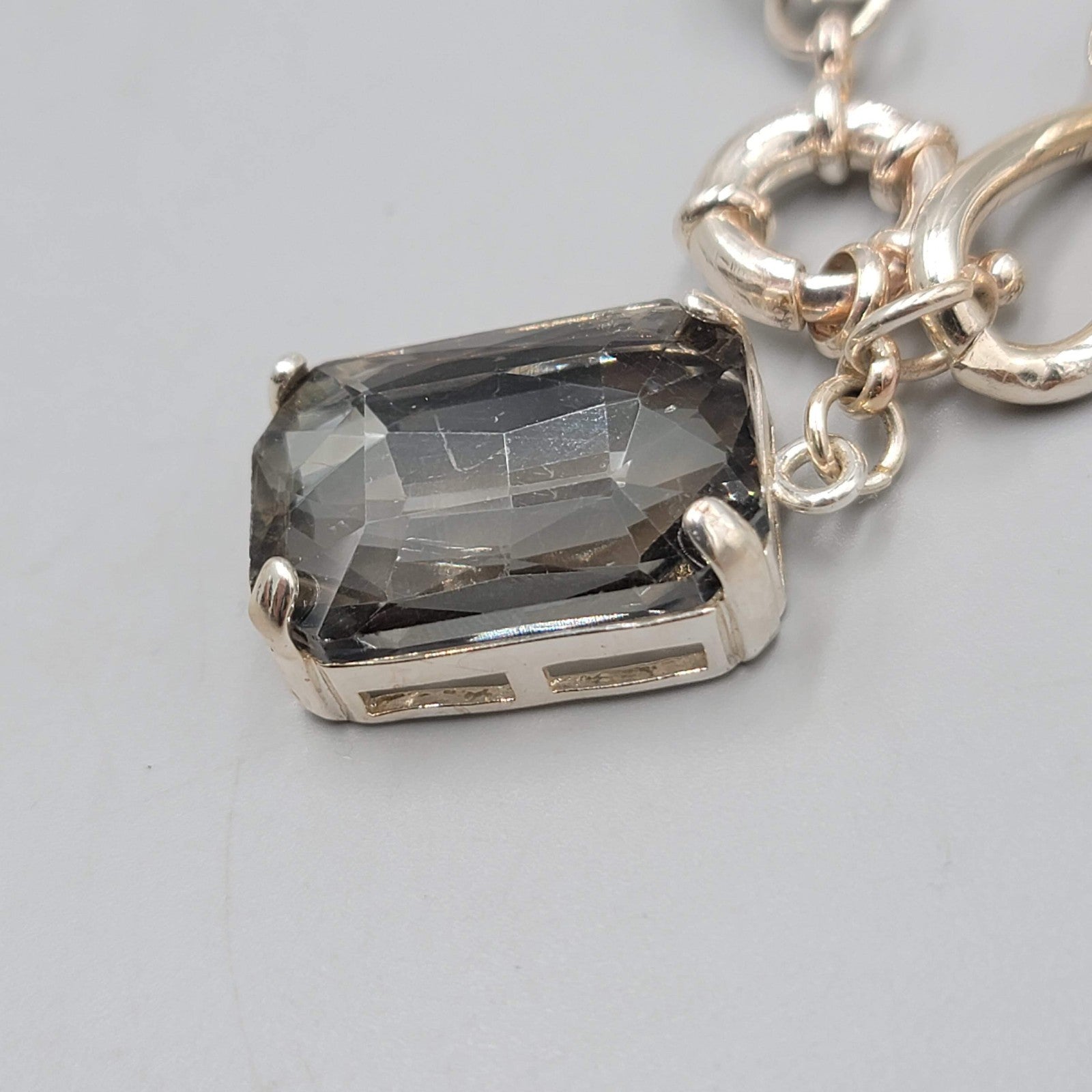 Smokey Gray Glass Dangle Bracelet Silver tone 7"