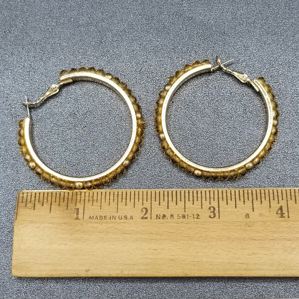 Pierced Earrings Gold tone Faceted Beaded Hoops 2"