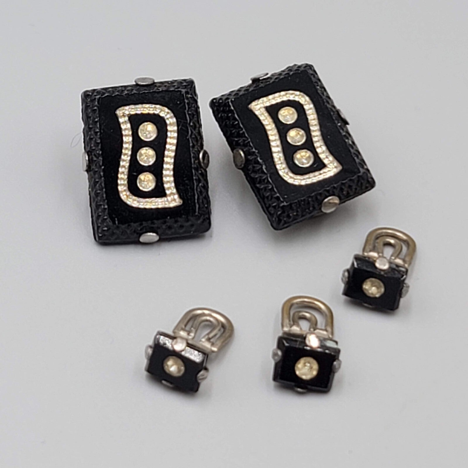 Vintage Cufflinks and Shirt Stud Set Black Glass Rhinestone Silver tone
