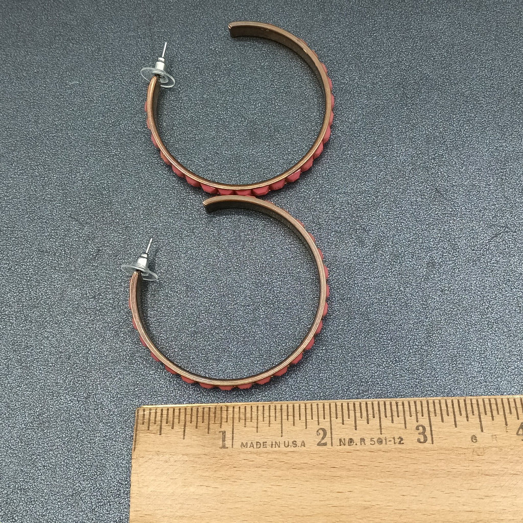 Pierced Earrings Bronze tone Pink Faceted Acrylic Statement Hoop 2 1/8"
