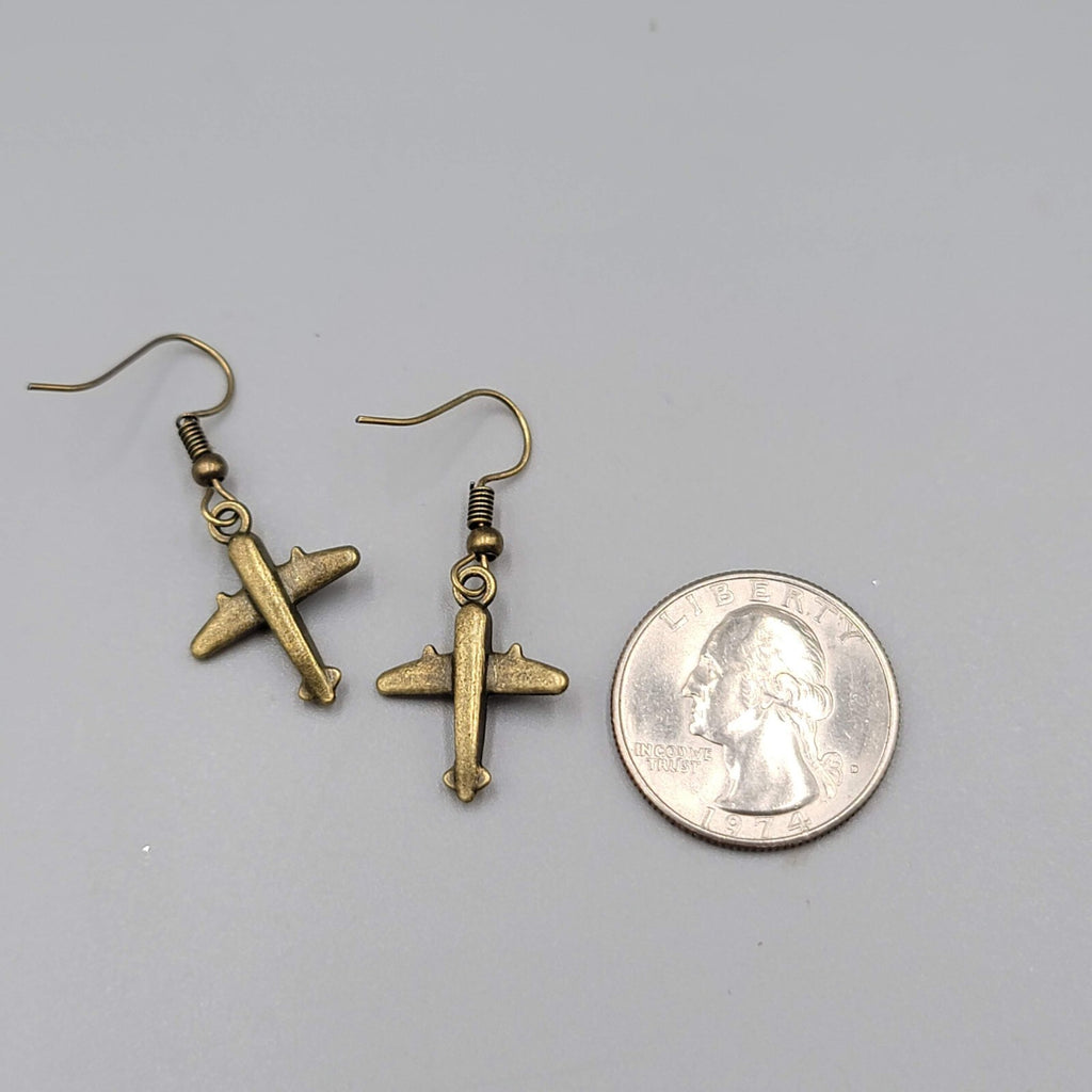 Airplane Pierced Earrings Bronze tone Dangle NEW 3/4"