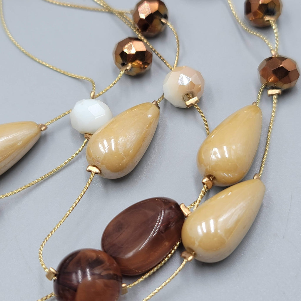 Brown Bead Station Necklace Gold tone Triple Layer 16"-18"