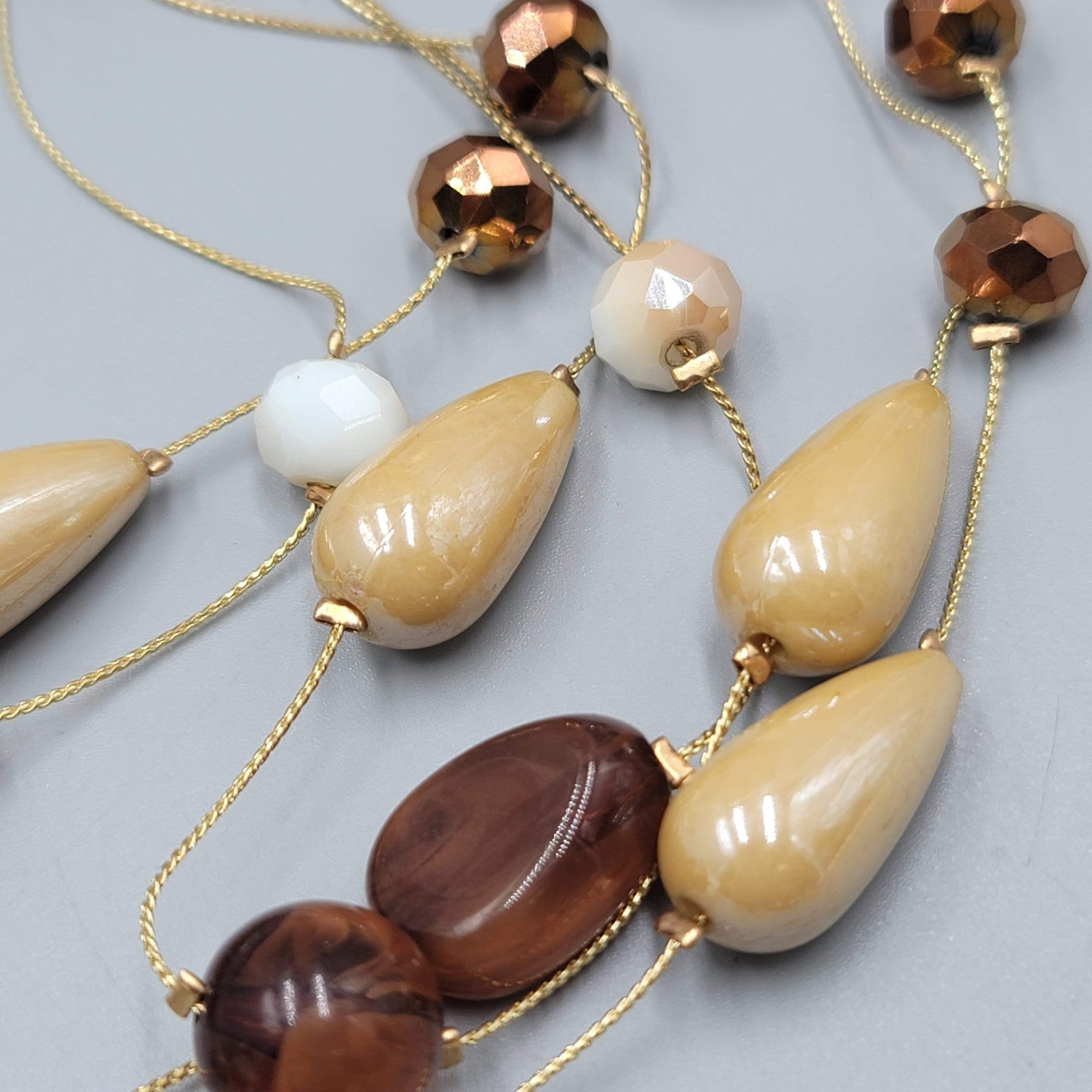 Brown Bead Station Necklace Gold tone Triple Layer 16"-18"