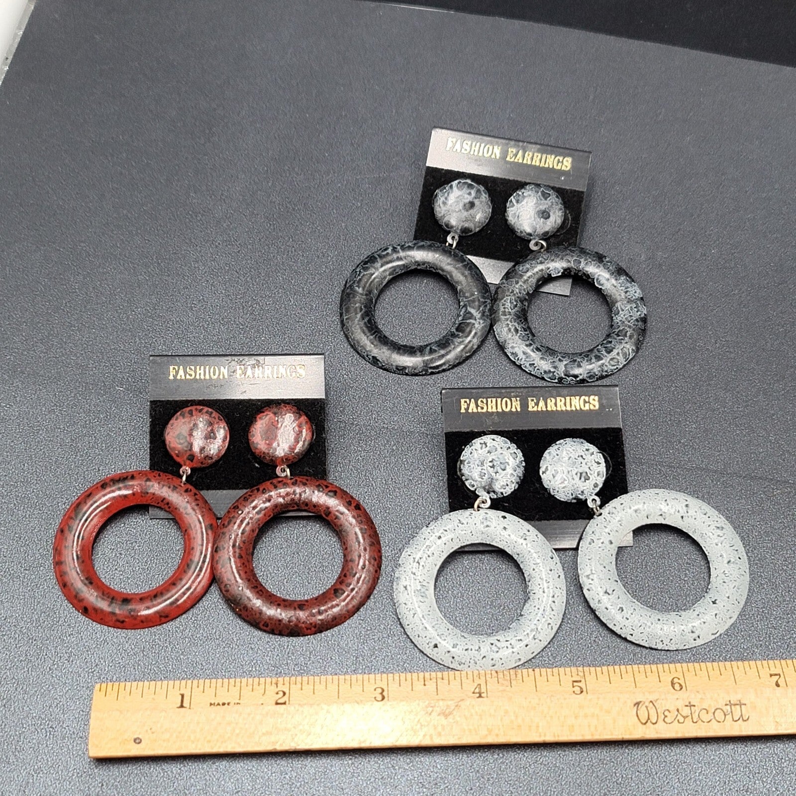 Lot of 3 Pierced Earrings NOS White Gray Red Speckled Enamel Hoops