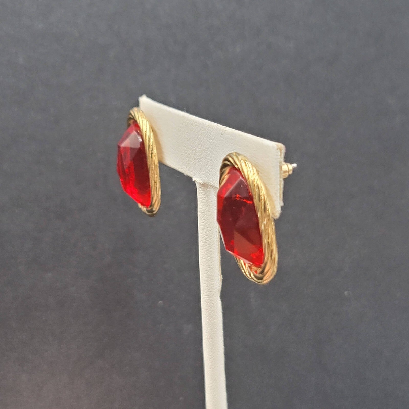 Vintage Pierced Earrings Gold Plated Red Faceted Glass Drop 1"