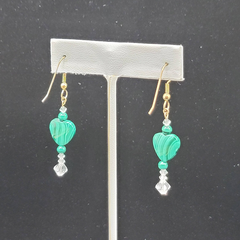 Pierced Earrings Gold tone Malachite Heart Bead Clear Crystals 1 3/8"